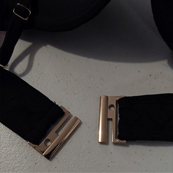 Y2K Bikini Swimsuit Crochet Pushup Bra 8 Top 6 String Small S Black Gold Mobwife - Picture 7 of 12